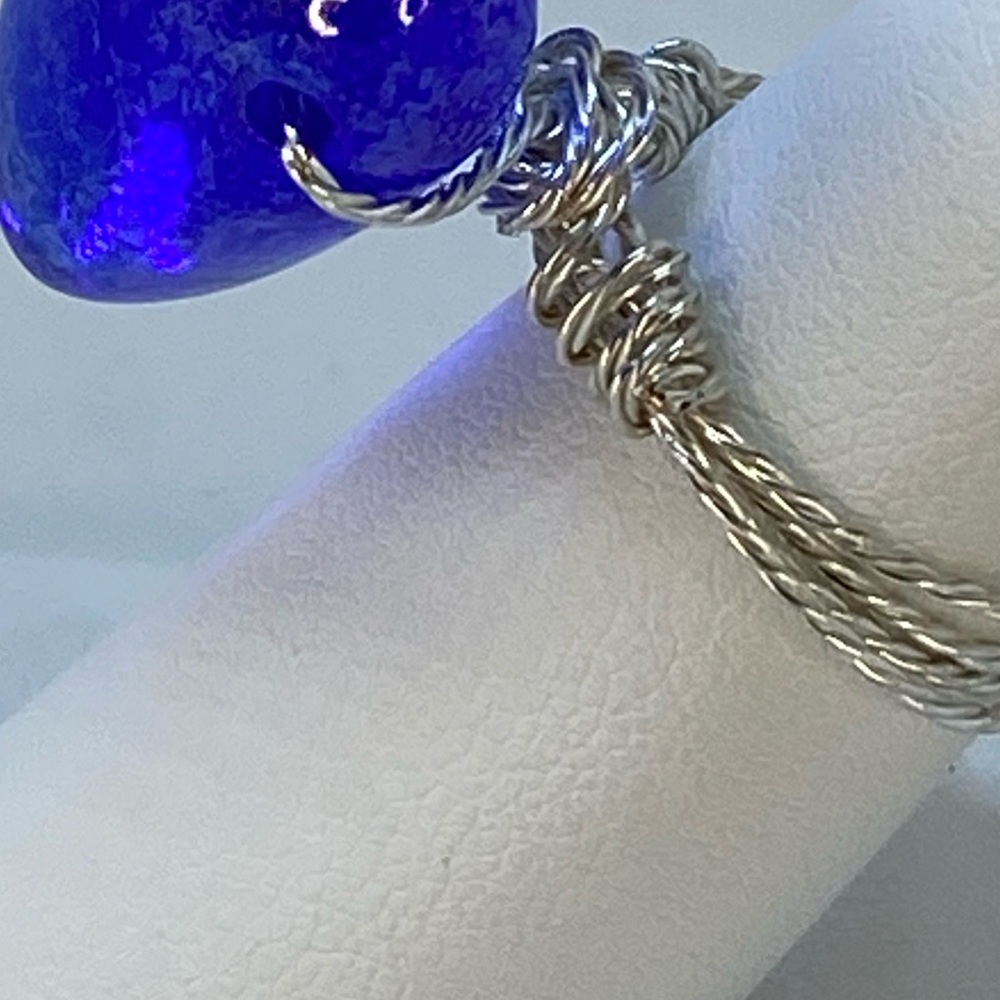 Handmade Blue Heart on Twisted Silver Tone Ring - Picture 6 of 15